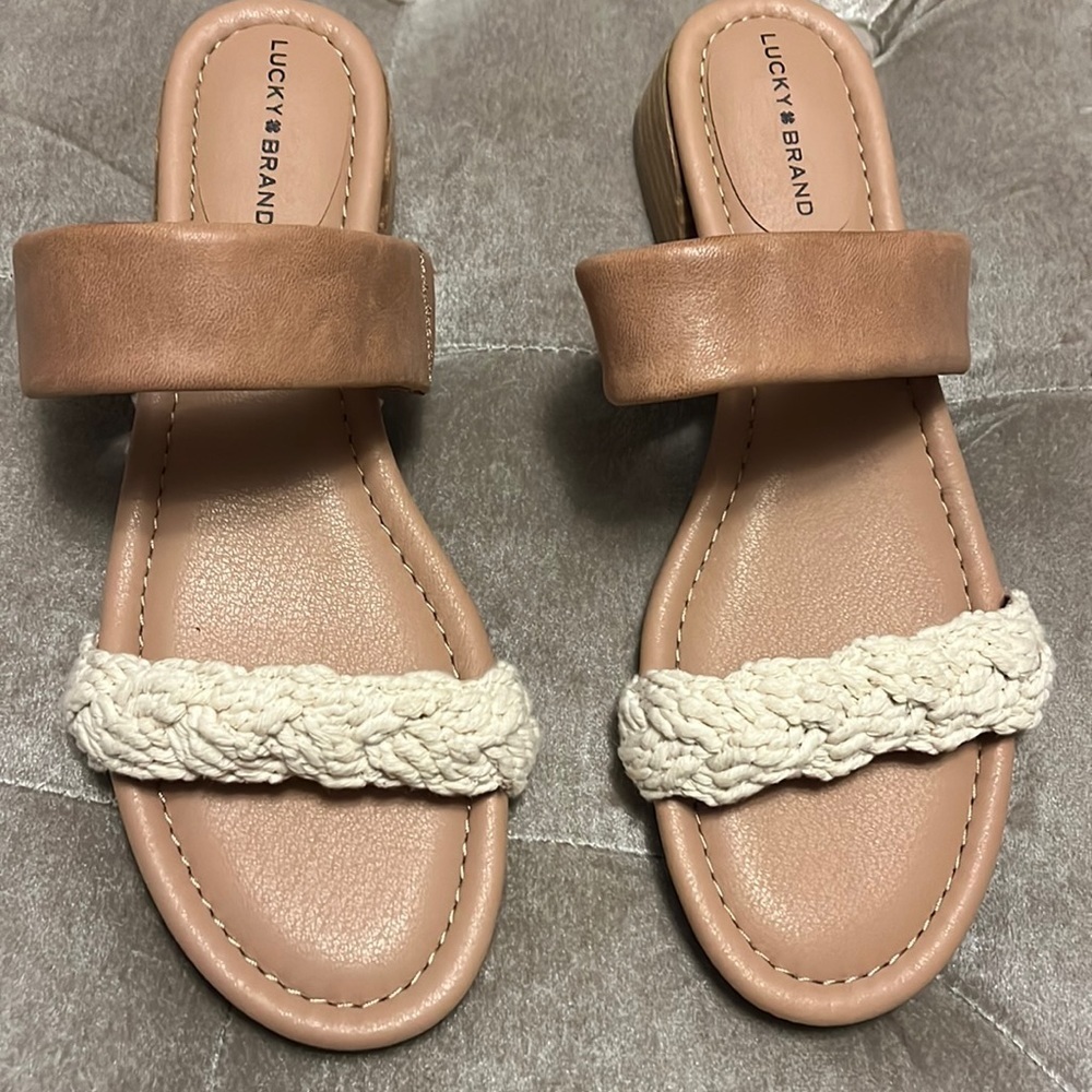 Lucky brand leather sandals with braided strap and 1 1/2 inch wooden heel, new